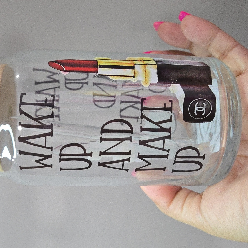 New Glass tumbler W Straw WAKE UP AND MAKE UP glass, CC Lipstick Print - Picture 2 of 2
